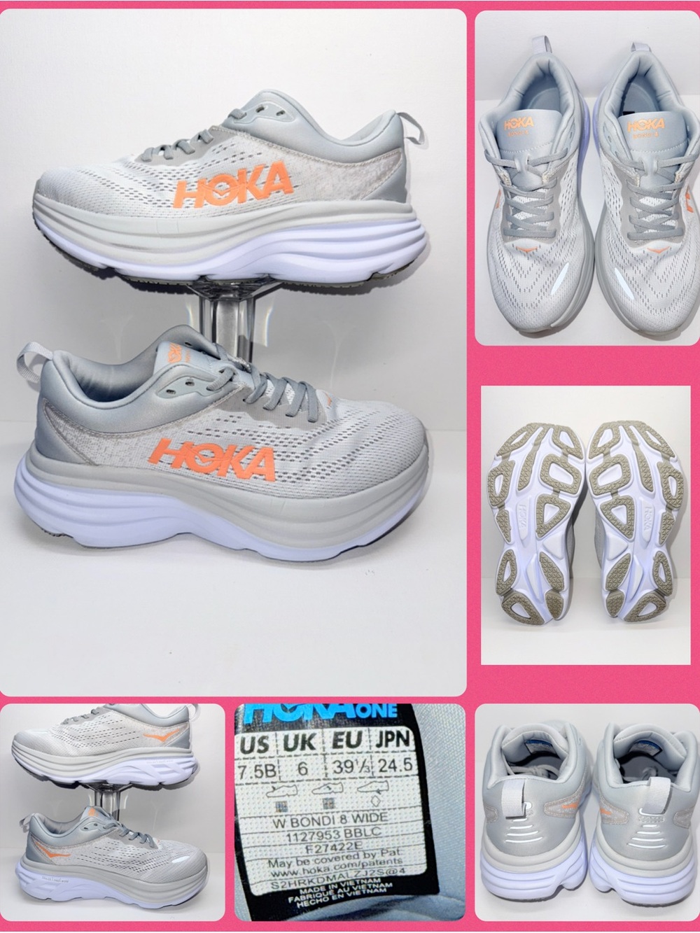Hoka Women's Bondi 8 Wide Light Gray with Peach Accents